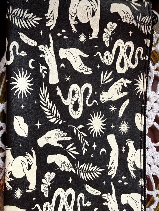 ipsy Handbags - Mystical Black Faux Leather Zipper Pouch adorned with Celestial and Occult Icons